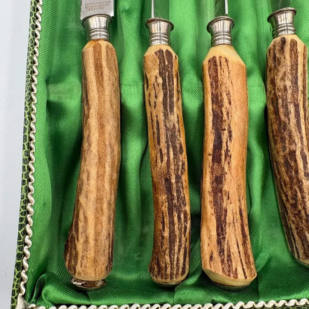 Vintage Anton Wingen Jr. Solingen Carving Steak Knives Stag Horn Handles Steel